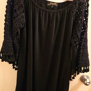 Elegant Black Midi Dress with Lace Sleeves